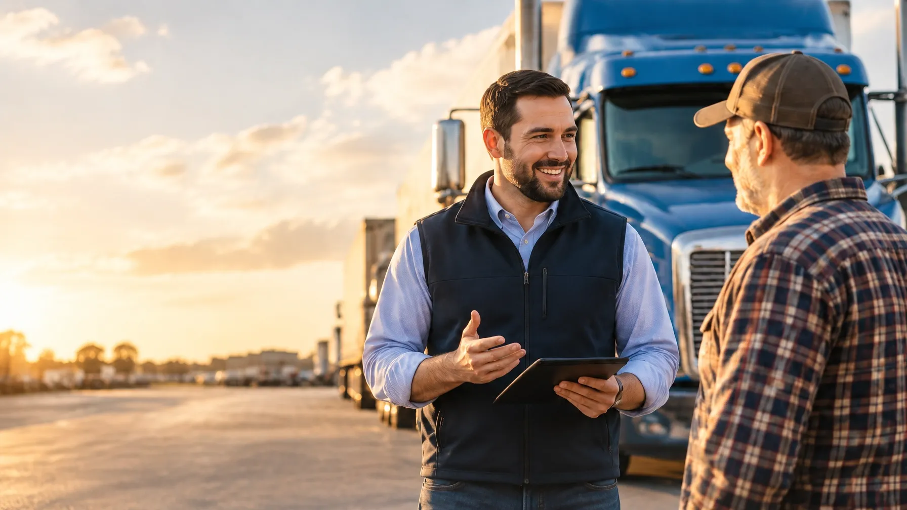 Truck driver and insurance professional discussing coverage beside a commercial truck